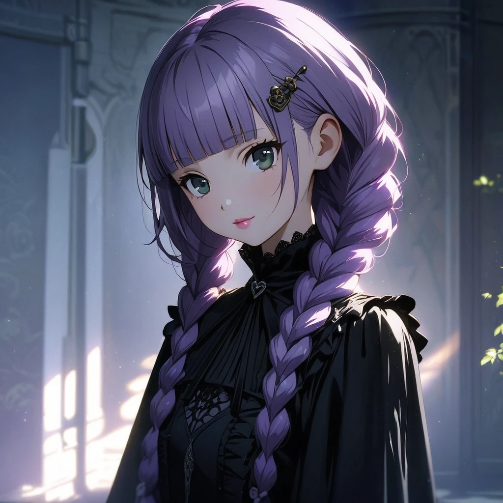 (Cute a girl:1.5), anime visual, (Black gothic lolita outfit, black boots, from side:1.3 ),boots focus, fullbody shot, (Lovey-dovey:1.5), (tilt head:1.3), extremely delicate face, soft clean focus, realistic lighting and shading, (an extremely delicate and beautiful art:1.3), elegant, (worm tone:1.1),(one girl with closs hair pin,pale purple hair,wavy two braids,blunt bangs hair,green and black eyes.pink lips:1.4), small breast,slim,Slender,morning lit, full body shot, a gentle smile, look at viewer,
