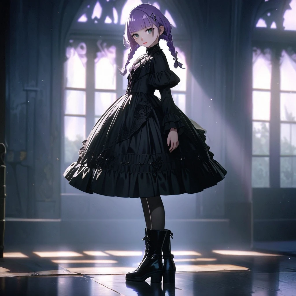(Cute a girl:1.5), anime visual, (Black gothic lolita outfit, black boots, from side:1.3 ),boots focus, fullbody shot, (Lovey-dovey:1.5), (tilt head:1.3), extremely delicate face, soft clean focus, realistic lighting and shading, (an extremely delicate and beautiful art:1.3), elegant, (worm tone:1.1),(one girl with closs hair pin,pale purple hair,wavy two braids,blunt bangs hair,green and black eyes.pink lips:1.4), small breast,slim,Slender,morning lit, full body shot, a gentle smile, look at viewer,