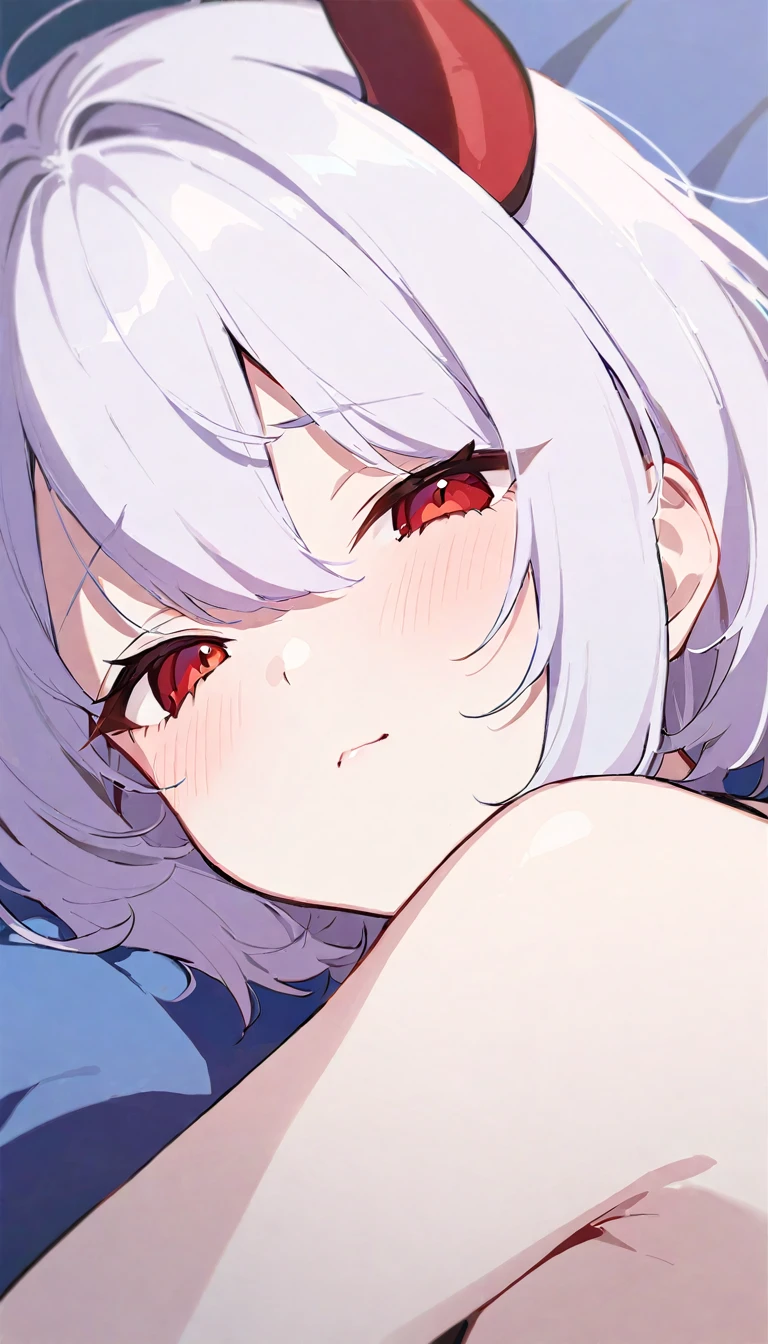 girl, devil girl, small red horns, white hair, short fluffy hair, big red eyes, pale skin, blushing cheeks, sleep