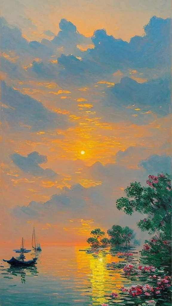Cozy rooms, Big oil on the wall, Painter of Light, Monet's paintings, Impressionist painting, Oil, Harbour sunrise scenery, The sea is depicted boldly, Improvised brush strokes、Distant view of the harbor, Completely shrouded in fog, Accented with the rising red sun, The soft colors and gentle brushstrokes create a calming atmosphere..。The focus of the image is on the impression、The painting itself is a masterpiece、Perfect Sentence、Bold brushstrokes、Impressionist feeling, The mysterious beauty of that moment, The wall on which the painting hangs is decorated with elegant frames..、Enhances overall aesthetic appeal。Warm lighting、The elegant combination of rooms creates an enchanting atmosphere.、The viewer is able to immerse themselves in the serenity and beauty of the depicted moment.。.。The image is、Truly capture the essence of the painting and its surroundings、Highest quality with high resolution and ultra-detailed rendering。The art style is、Emphasis on realistic and photorealistic expression、Reflecting traditional oil techniques。The color is warm and attractive、Highlight the rich colors of a sunset、Brings warm light to the room。Lighting、Make your drawings stand out、Add depth and dimension to the entire scene。