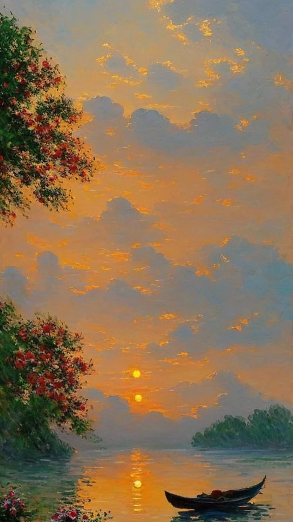 Cozy rooms, Big oil on the wall, Painter of Light, Monet's paintings, Impressionist painting, Oil, Harbour sunrise scenery, The sea is depicted boldly, Improvised brush strokes、Distant view of the harbor, Completely shrouded in fog, Accented with the rising red sun, The soft colors and gentle brushstrokes create a calming atmosphere..。The focus of the image is on the impression、The painting itself is a masterpiece、Perfect Sentence、Bold brushstrokes、Impressionist feeling, The mysterious beauty of that moment, The wall on which the painting hangs is decorated with elegant frames..、Enhances overall aesthetic appeal。Warm lighting、The elegant combination of rooms creates an enchanting atmosphere.、The viewer is able to immerse themselves in the serenity and beauty of the depicted moment.。.。The image is、Truly capture the essence of the painting and its surroundings、Highest quality with high resolution and ultra-detailed rendering。The art style is、Emphasis on realistic and photorealistic expression、Reflecting traditional oil techniques。The color is warm and attractive、Highlight the rich colors of a sunset、Brings warm light to the room。Lighting、Make your drawings stand out、Add depth and dimension to the entire scene。