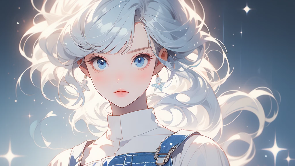 girl wearing a White sundress, tight, simple anime style Woman. Flower drawing on sequin overalls. Glossy white lips with sequins. Blunt bangs, White hair, long hair, blue eyes, solo,
