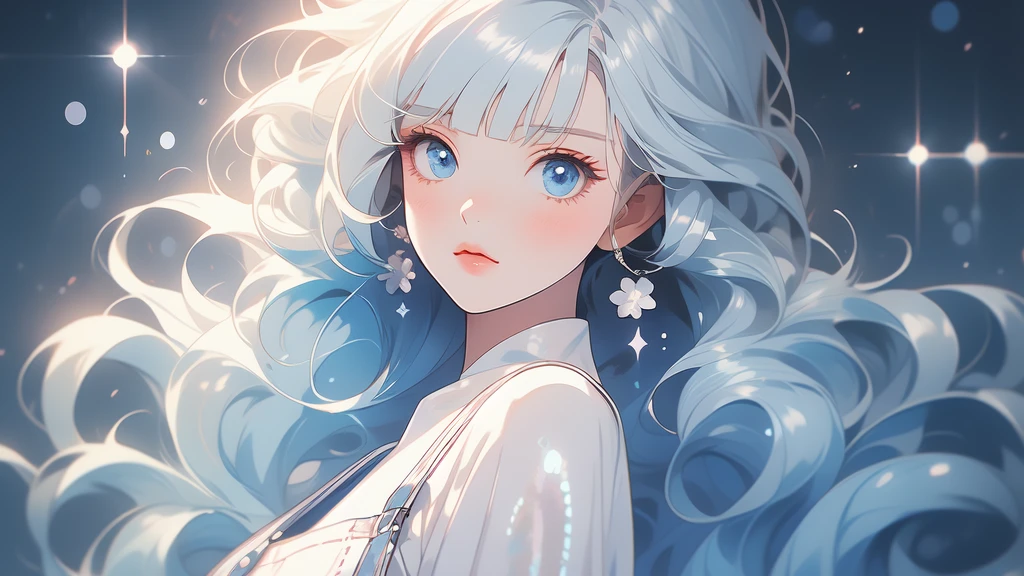 girl wearing a White sundress, tight, simple anime style Woman. Flower drawing on sequin overalls. Glossy white lips with sequins. Blunt bangs, White hair, long hair, blue eyes, solo,
