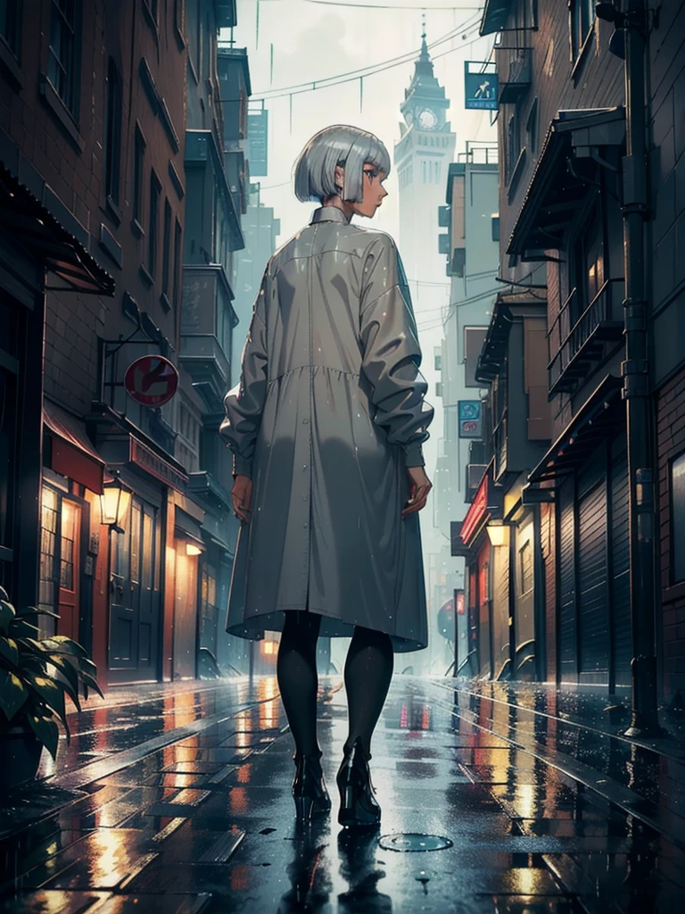 ((masterpiece)), ((best quality)), (ultra-detailed), ((extremely detailed)), 4K, (8K), best quality, a beautiful woman, ((beautiful light gray hair)), shiny hair, ((bob cut)), light blue eyes, freckled skin, 20 years old, 

Back view, full body, ((night, warm street, dark)), deserted city, standing in middle of street, ((black rencoat, rain, heavy rain, raindrops visible)), wet ground,