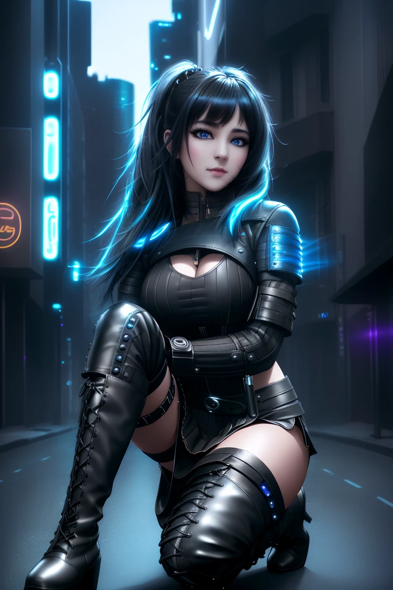 2500 Years Future Beautiful Girl, whole body, Short bright blue neon striped messy hair, ((large light realistic detailed eyes:1.3)), ((Seductive pose:0.5)), Black Eyeshadow, (Street Style Wear:1.2), ((Tight Fit Short Skirt)), ((Knee High Leather Boots:1.3)), (Dark city night、Black Background:1.4), Heavy makeup, Digital Art, Trending on Art Station, highly detailed, The finer details, complicated, beautiful detailed glow, detailed, Cinematic Light, High resolution, detailed facial features, Sharp focus, Smooth, beautiful,