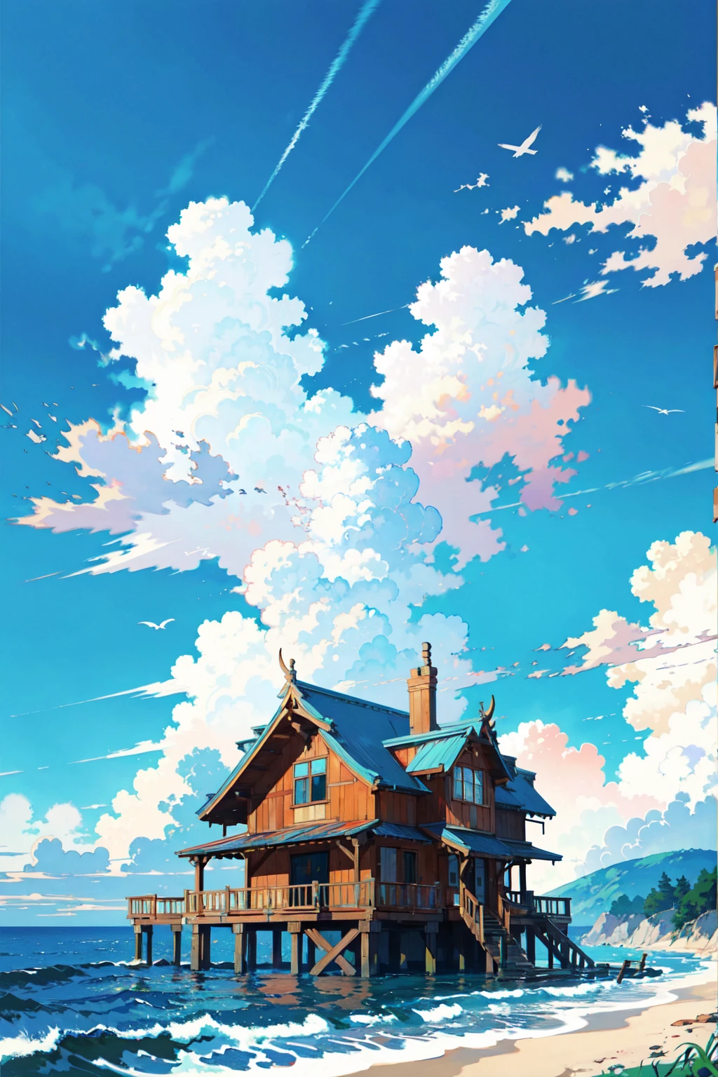 wood, tree, new world, No humans, cloud, null, Outdoor, Home, Day, smile, blue null, Light blue background, Rich colors, white clouds, aqichahua, figure, Flat Color, Flat Style, Ocean, (masterpiece), (Highest quality)