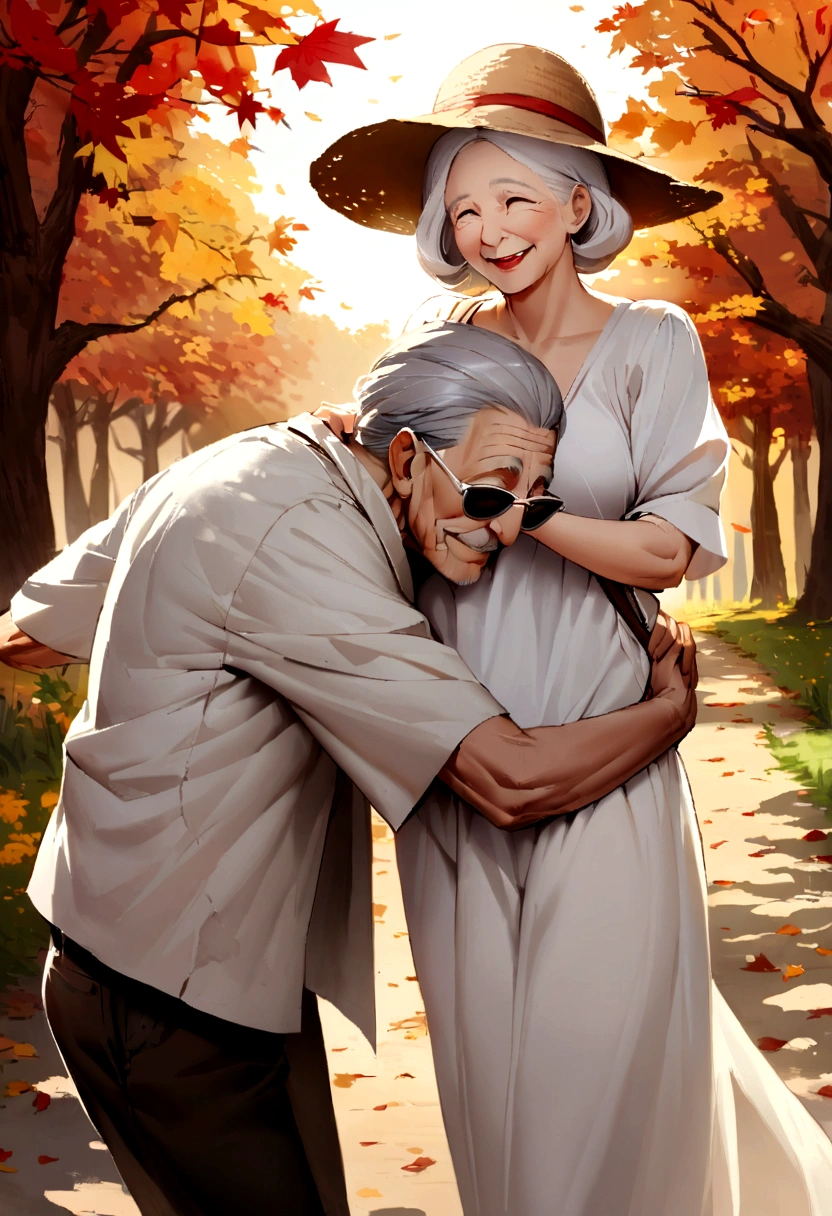 An old man wearing a straw hat，The hat has a strap in the middle，Two people hugging each other，Keep short hair、Old woman in white clothes, She has sunglasses hanging from her shirt, Both were smiling, The country road behind them，autumn