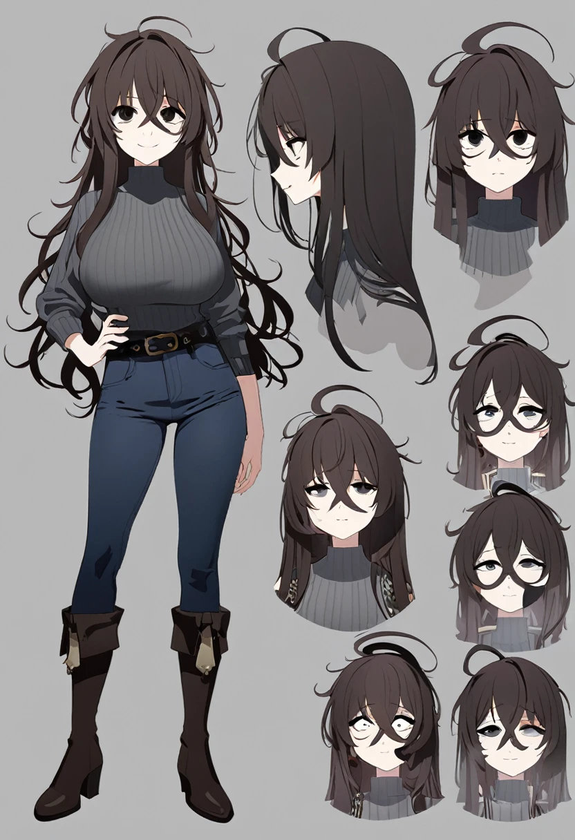 One Woman,Downer,older sister,Concept Art,Dark brown hair,Straight hair with slight inward curls,Staring eyes,Circles in the eyes,black eye,Crossed bangs,whole body,smile,Larger breasts,Gray background,Bangs that reach down to the eyes,Messy hair,Tight dark jeans,Gray turtleneck sweater,Multiple views of the same character,Character Design,Dark circles under the eyes,Bad look,Listless,Sloppy,Silver Jewelry,Cafe staff,whole bodyCharacter Design,Detailed hands,Height: 170cm,boots,