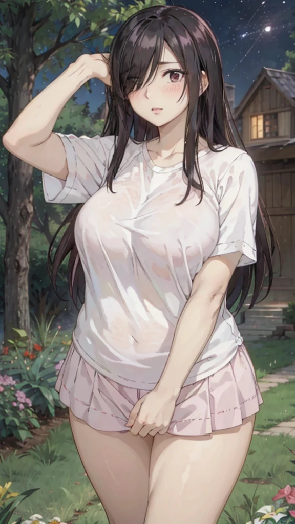 Cute mommy, mature women, realistic skin,perfect ,black hair, long hair, (hair over one eye:1.4), messy hair, hair between eyes, oversize shirt,pink mini skirt, chubby,plump,fat,pucker lips,cute shy blush on,garden, under tree,night