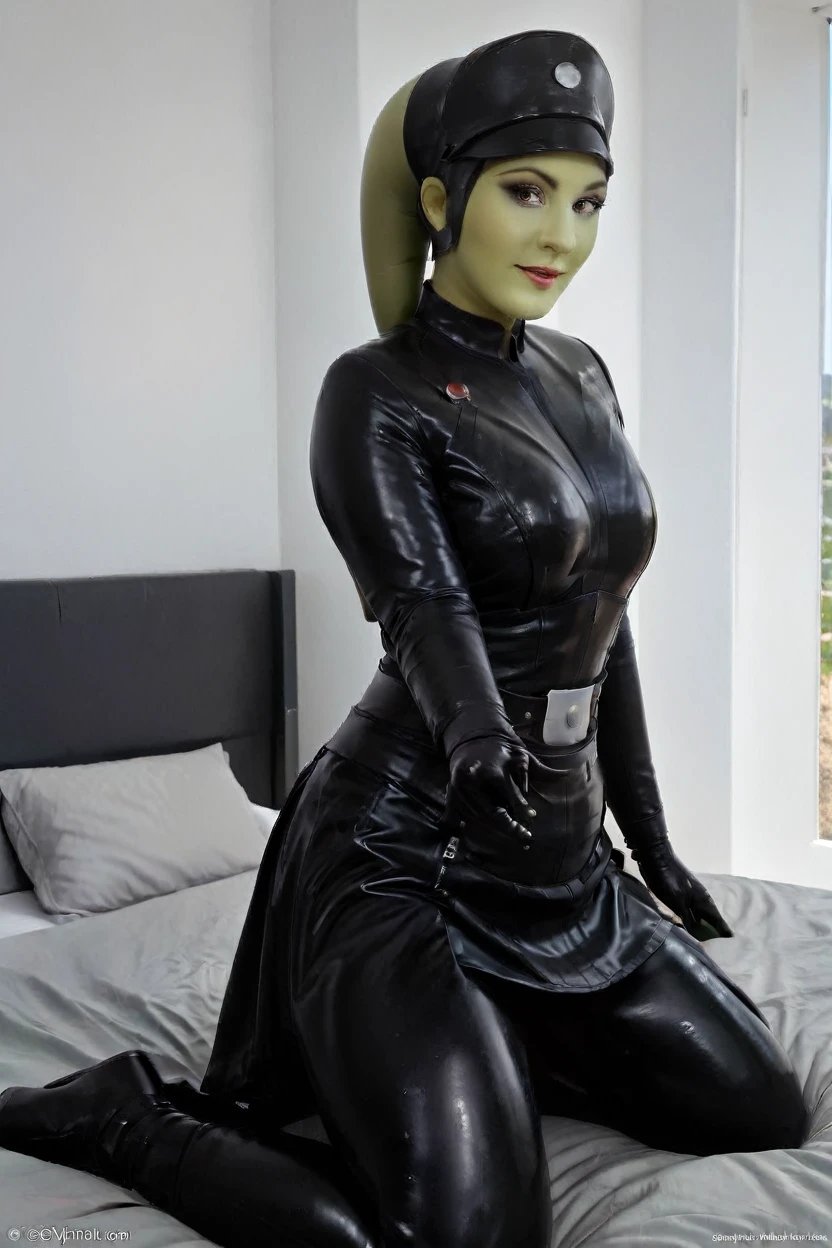 cinematic film still hera syndulla, (green skin:1.2), grin at canal, full body imperail officer wearing a black uniform with a skirt, sitting on a bed, highly detailed, high budget Hollywood movie
