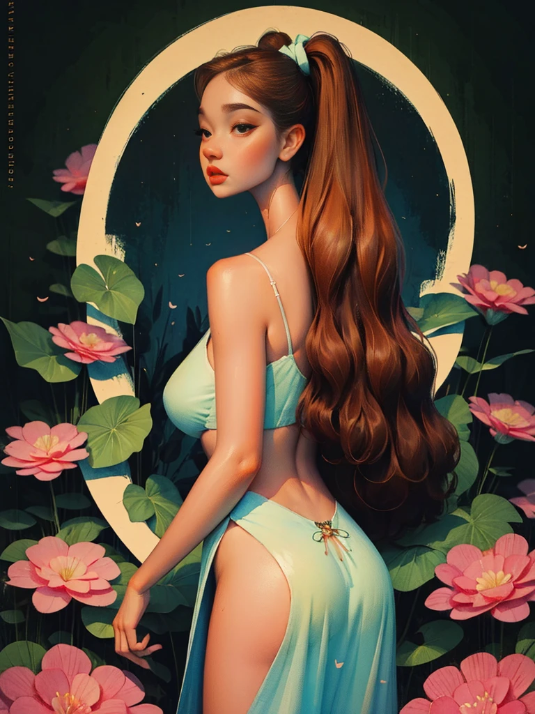 ((masterpiece)), (best quality), (ish), Art Nouveau watercolor painting , moon goddess , ,robe,thong,Show your neck,bare shoulders,Show belly button,camee exposes, long, thick eyelashes, plump lips, dark red eyes, hair long and thick, high ponytail, chubby, flowery_background, Intricate designs and patterns in the style of Alphonse Mucha.from behind(extremely exquisite:1.1), (perfect details: 1.1), masterpiece, high quality, high resolution, Detail enhancement, 8k, HD, masterpiece, better quality, high quality, high resolution, Detail enhancement