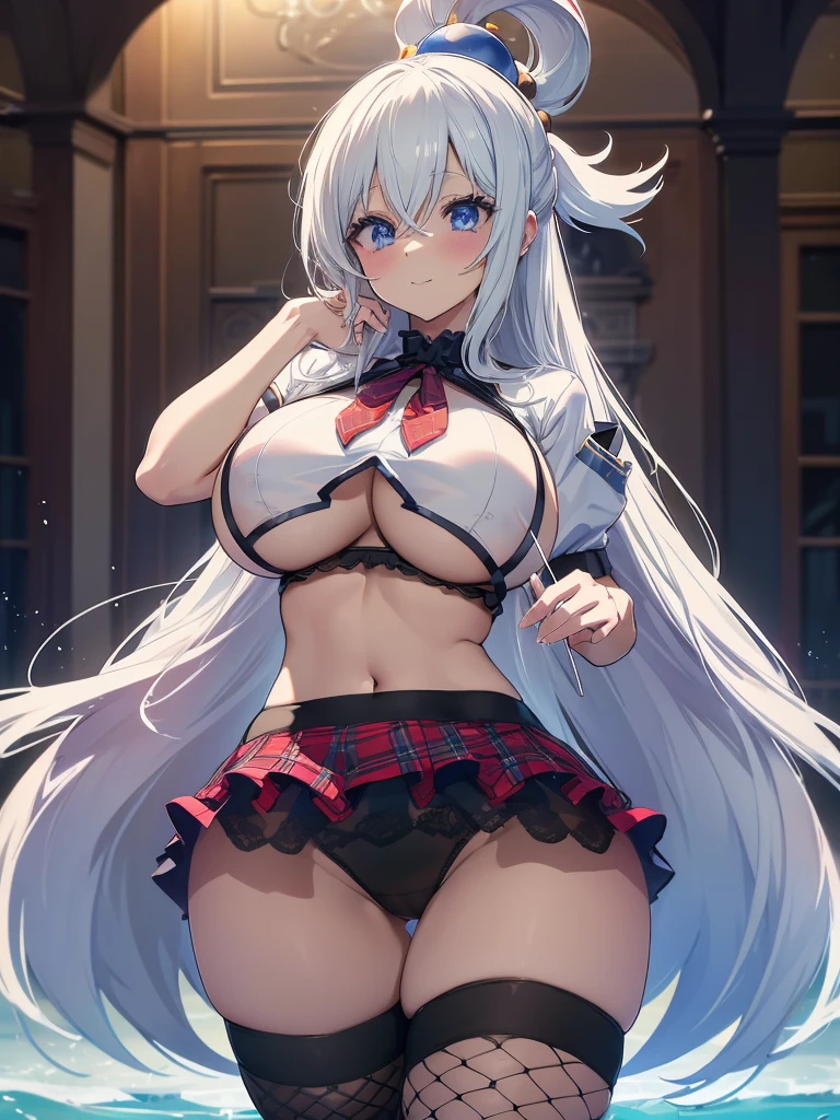 (masterpiece, Best quality: 1.2), One, 1 girl, Konosuba ,Water, Smile on your face, looks at the viewer, Hair rings, ю bare legs, bare hands, , a white blouse, huge breasts, black pencil skirt, skirt, miniskirt, microskirt, thighhighs, plaid, plaid skirt, fishnets, from behind, panties, bra, lingerie, crop top, shirt, прозрачная майка, big breasts, Giant breasts, mid thighs, leans over, Bedroom