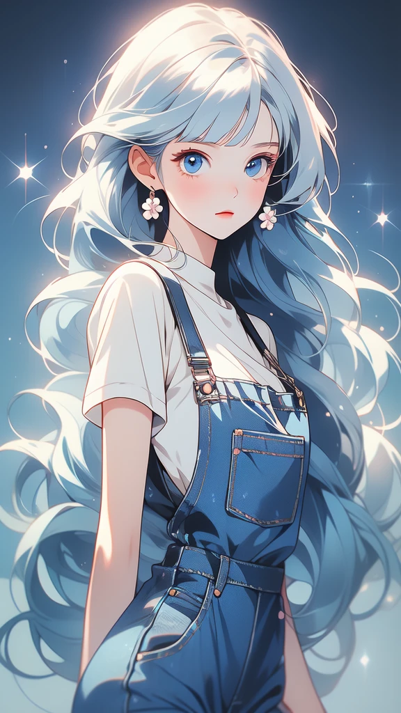 girl wearing a White sundress, tight, simple anime style Woman. Flower drawing on sequin overalls. Glossy white lips with sequins. Blunt bangs, White hair, long hair, blue eyes, solo,