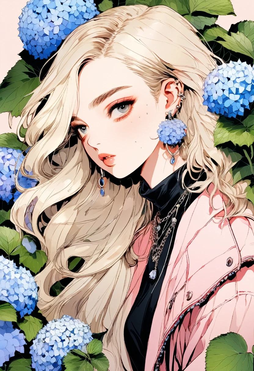 (Highest quality:0.8), (Highest quality:0.8), Perfect illustration,Beautiful woman portrait、One girl, bangs, Black nails, Blonde, Mouth closed, clavicle, ear Earrings, Earrings, Fashion G, hair ornaments, Food, Foodie, Jacket, jewelry, looking at iniewer, Medium Hair, Manicure, necklace, Earrings, short hair, Hydrangea、hydrangea, sleeines past wrists, 一人in, Both sides up, Upper Body, in, Pop Background、Droopy eyes、