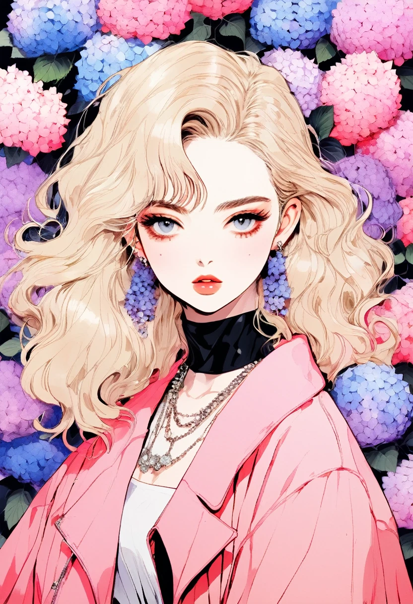 (Highest quality:0.8), (Highest quality:0.8), Perfect illustration,Beautiful woman portrait、One girl, bangs, Black nails, Blonde, Mouth closed, clavicle, ear Earrings, Earrings, Fashion G, hair ornaments, Food, Foodie, Jacket, jewelry, looking at iniewer, Medium Hair, Manicure, necklace, Earrings, short hair, Hydrangea、hydrangea, sleeines past wrists, 一人in, Both sides up, Upper Body, in, Pop Background、Droopy eyes、