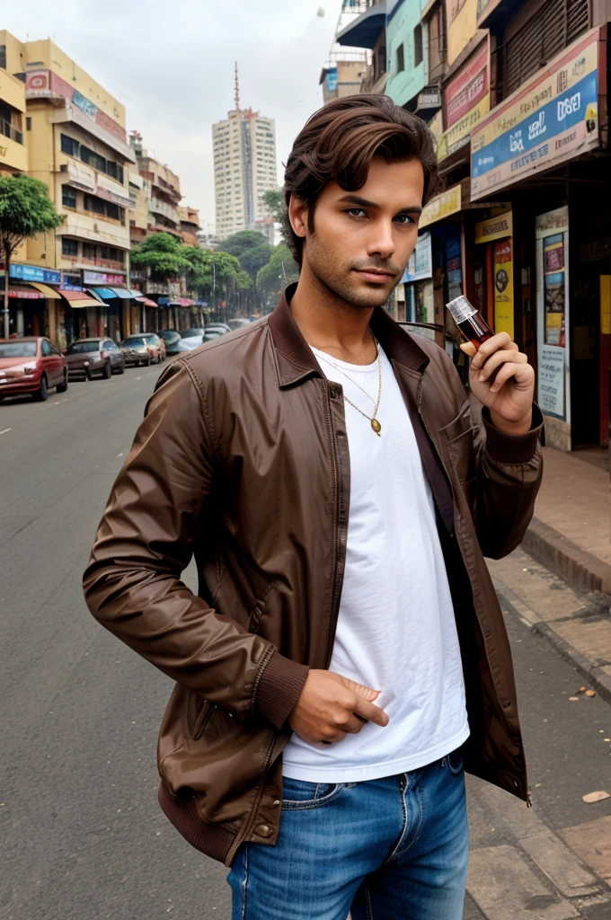 A man with brown hair and blue eyes stands near the bustling Bangalore BEL Road. He's wearing a stylish jacket and holding a perfume bottle, looking poised and confident against the urban backdrop.