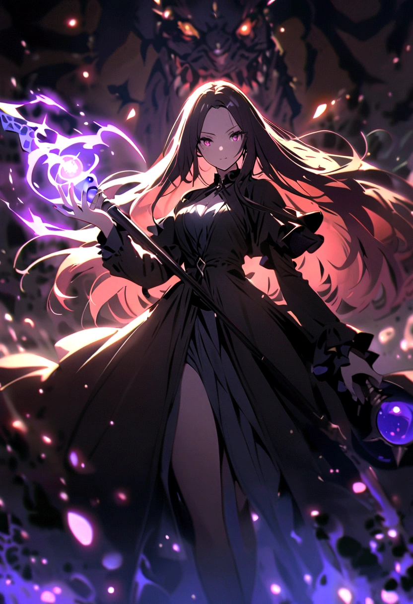 Witch with long hair and a magic staff in her hand summoning a monster