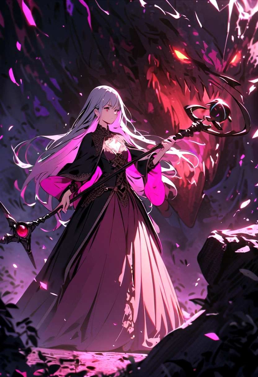 Witch with long hair and a magic staff in her hand summoning a monster