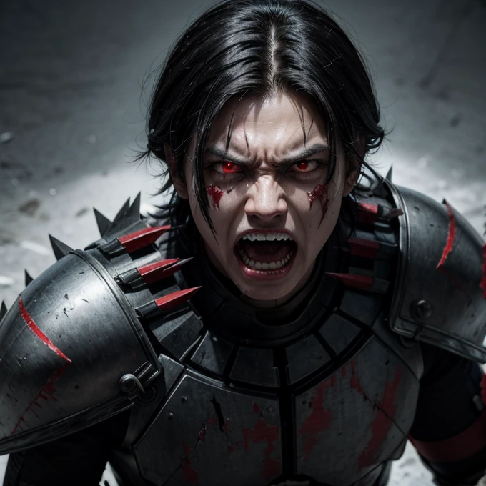 Man, broken armor, angry face, black hair, red eyes, sharp teeth