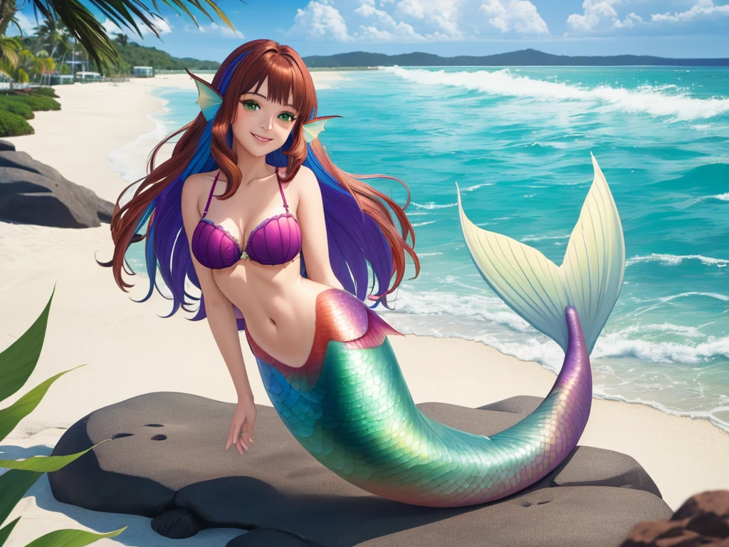 masterpiece, best quality:1.2), 1girl, smile, looking at viewer, green eyes, short brown multicolored hair, mermaid, mermaid girl, wearing purple seashell bra, laying on belly on beach, colorful mermaid tail, outdoors, head fins, fin ears