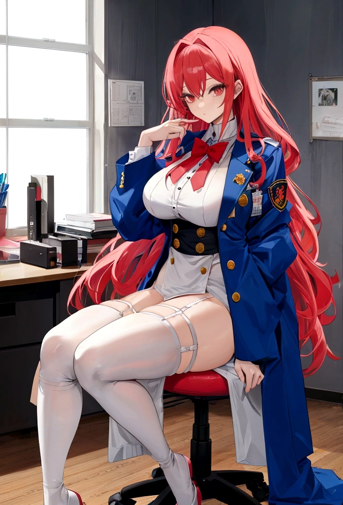 My name is Hikaru, I am a white test doll with long red hair and black eyes. I am 1.60 cm tall and weigh 56 kg. My breast sizes are 300 cm, my waist is 60 cm and my hips are 200 cm. Dressed in a long blue jacket and a garter belt along with a black thong. With big breasts 310 cm . Sitting in a desk chair