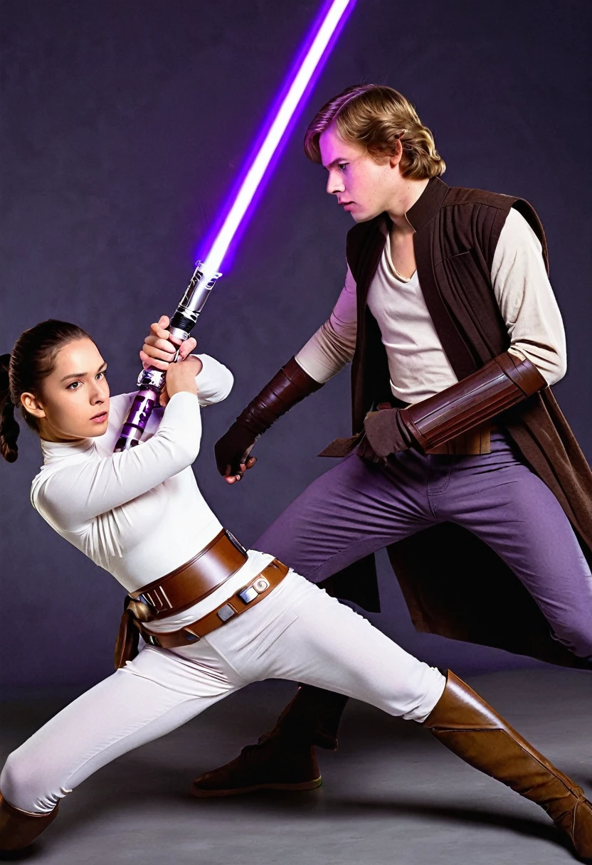 star wars a young man jedi with two lightsabers one purple and one white lightsaber in a combat against a woman sid