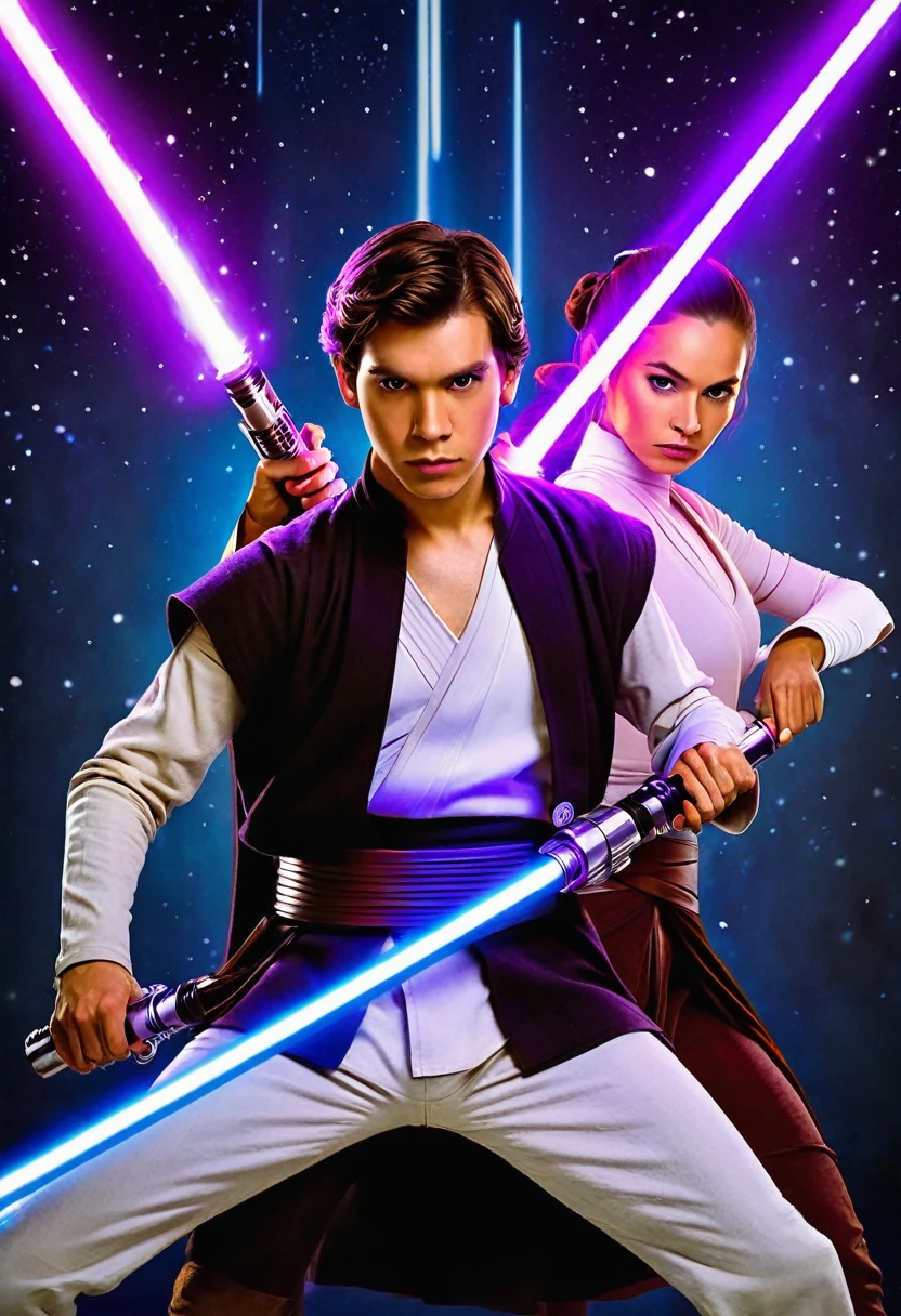 star wars a young man jedi with two lightsabers one purple and one white lightsaber in a combat against a woman sid