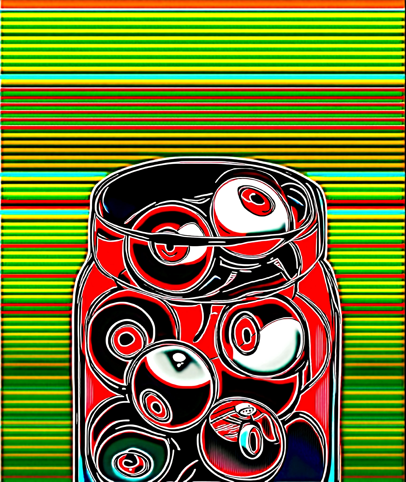 a glass jar filled with eyeballs, eyeballs, blood, early morning