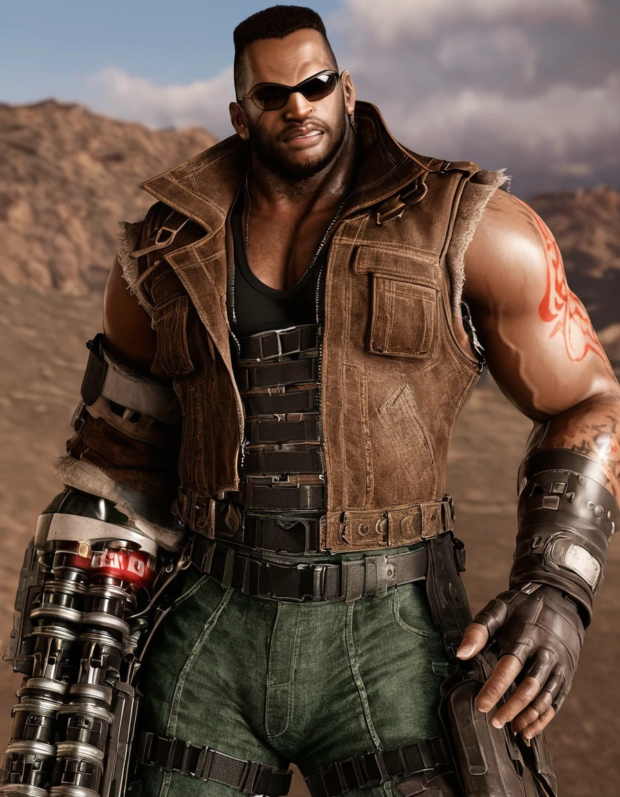 barret, dark skin male with gun arm and tattoo, sunglasses, 