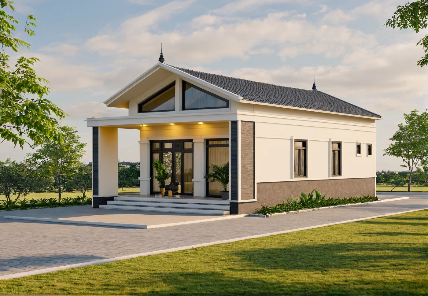 Raw photo,Masterpiece, high quality, best quality, authentic, super detail,
exterior, outdoors, house, Nhamaithai, aiaigroup on the tropical garden, minimalist line,onestoreyvilla, modern style
brick yard,grass,tropical trees, sky, (day:1.1),Tropical garden background
