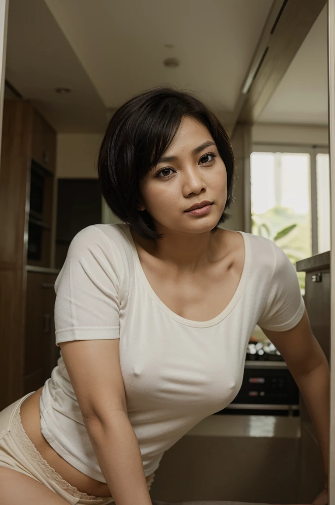 A cadre mother with short hair,sedang memegang alat penimbang anak