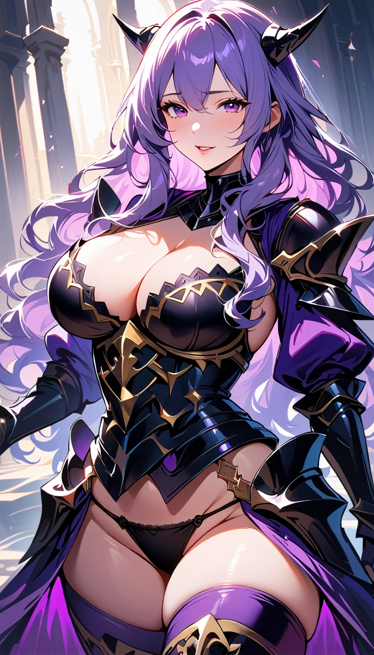 (high quality, 8k, 4K, high contrast, artwork:1.2, high quality, best aesthetics), (dynamic angle), ((1 woman)), erotic, sensual, mature body, super detailed, beautiful face detailed, beautiful eyes detailed, detailed beautiful mouth, sexy body, perfect breats, perfect wide thighs, light purple hair, light purple long wavy hair, purple eyes, seductive facial expression, black loom, black horns, sexy dark purple medieval armor with golden details, cleavage, exposed thighs, black thong panties, exposed panties, dark purple medieval armor boots, standing, erect body posture, looking at the viewer, centered.