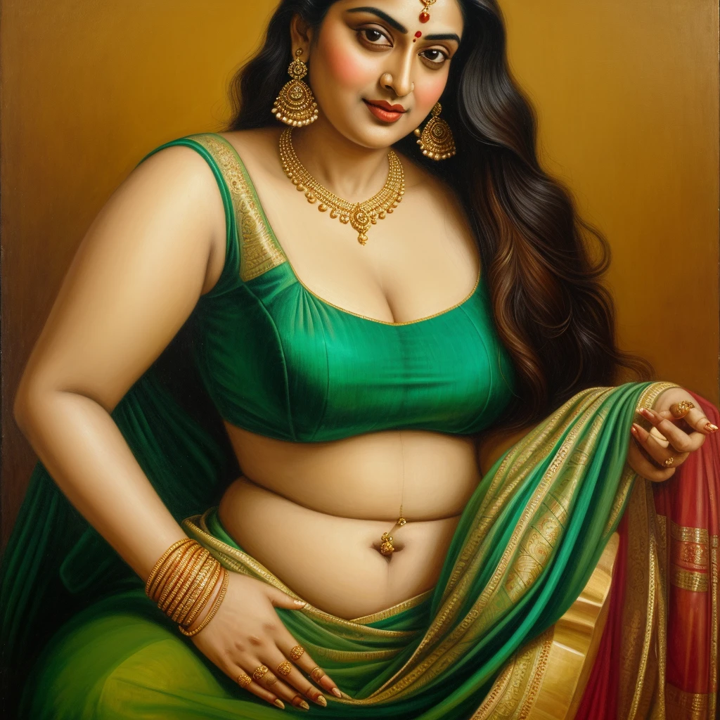 Beautiful painting of a woman in a sari with a necklace and earrings, beautiful thick figure, Thick curvy beauty, looks like Sandeepa Dhar, inspired by Raja Ravi Varma, szukalski ravi varma, portrait of a beautiful goddess, by Raja Ravi Varma, indian goddess, traditional beauty, a stunning portrait of a goddess, inspired by T. K. Padmini, indian art, indian goddess of wealth, portrait of a goddess