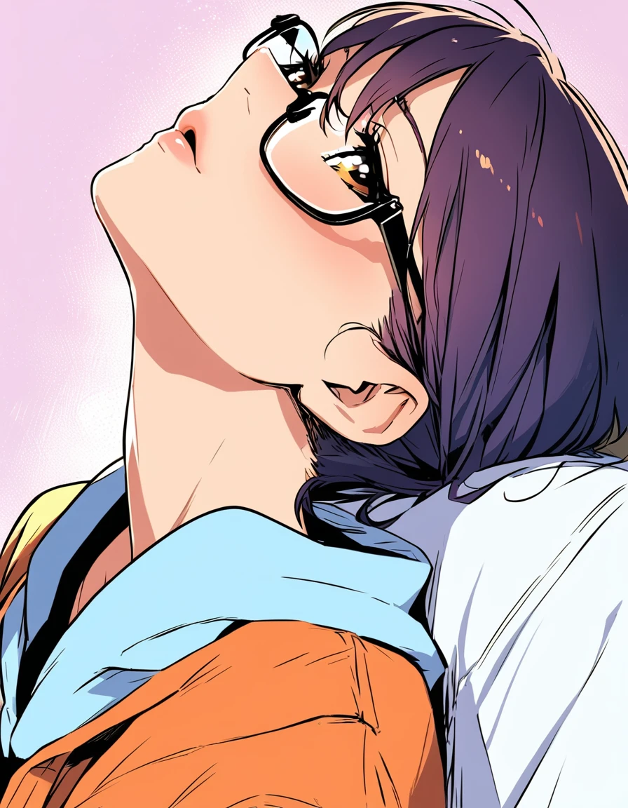 ultra-detailed:1.3, ultra delicate and detailed face:1.3, (absurdres, texture, masterpiece), pixiv contest winner, by Posuka Demizu, dynamic manga-style illustration of slender girl with glasses is sitting, head tilt, ♡, head back,
