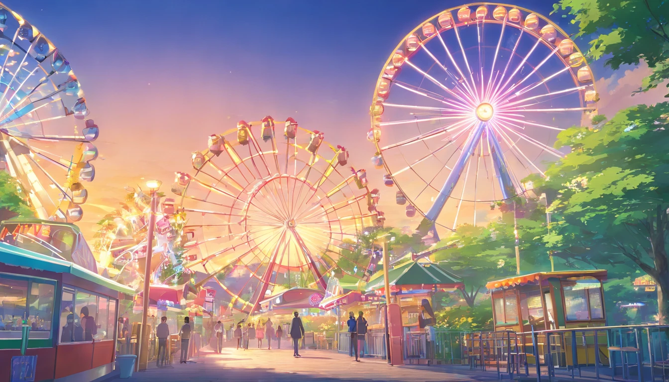Amusement park, ferris wheel, roller coaster,
Trees plants , anime background, no character, establishing shot, low angle, full hd