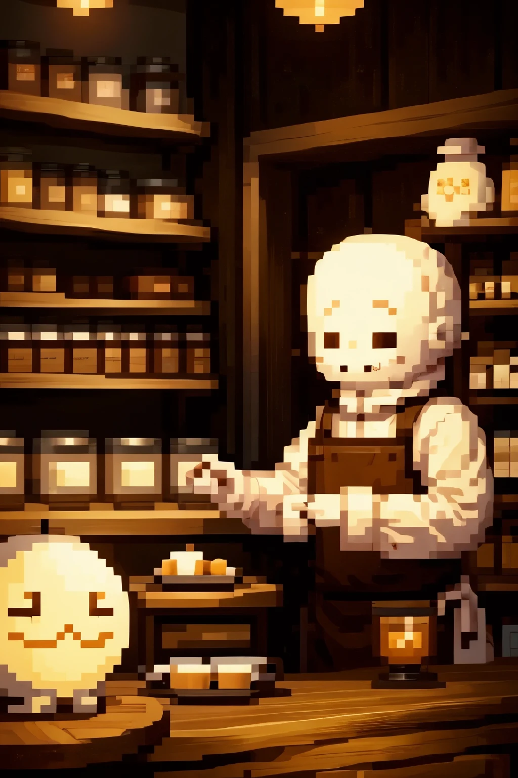 A cute, round ghost wearing a brown apron while he floats behind the counter. He is working his job as a barista, and selling tea cakes.