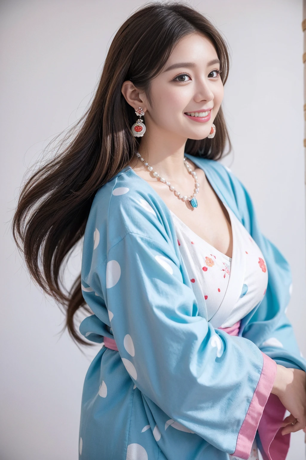 Highest quality,8K, Detailed facial depiction, Detailed description of the eyes,One Woman, Light brown hair(Medium-long hair),Beautiful Japanese Girl,24-years-old,Cute eyes,Cute Smile,Yukata beauty,A yukata with large polka dots on a white background,Slender body, Large, plump breast size, Long and beautiful legs,Smiling, Colorful earrings,necklace,Are standing,Beautiful nape,Summer festival,There are food stalls