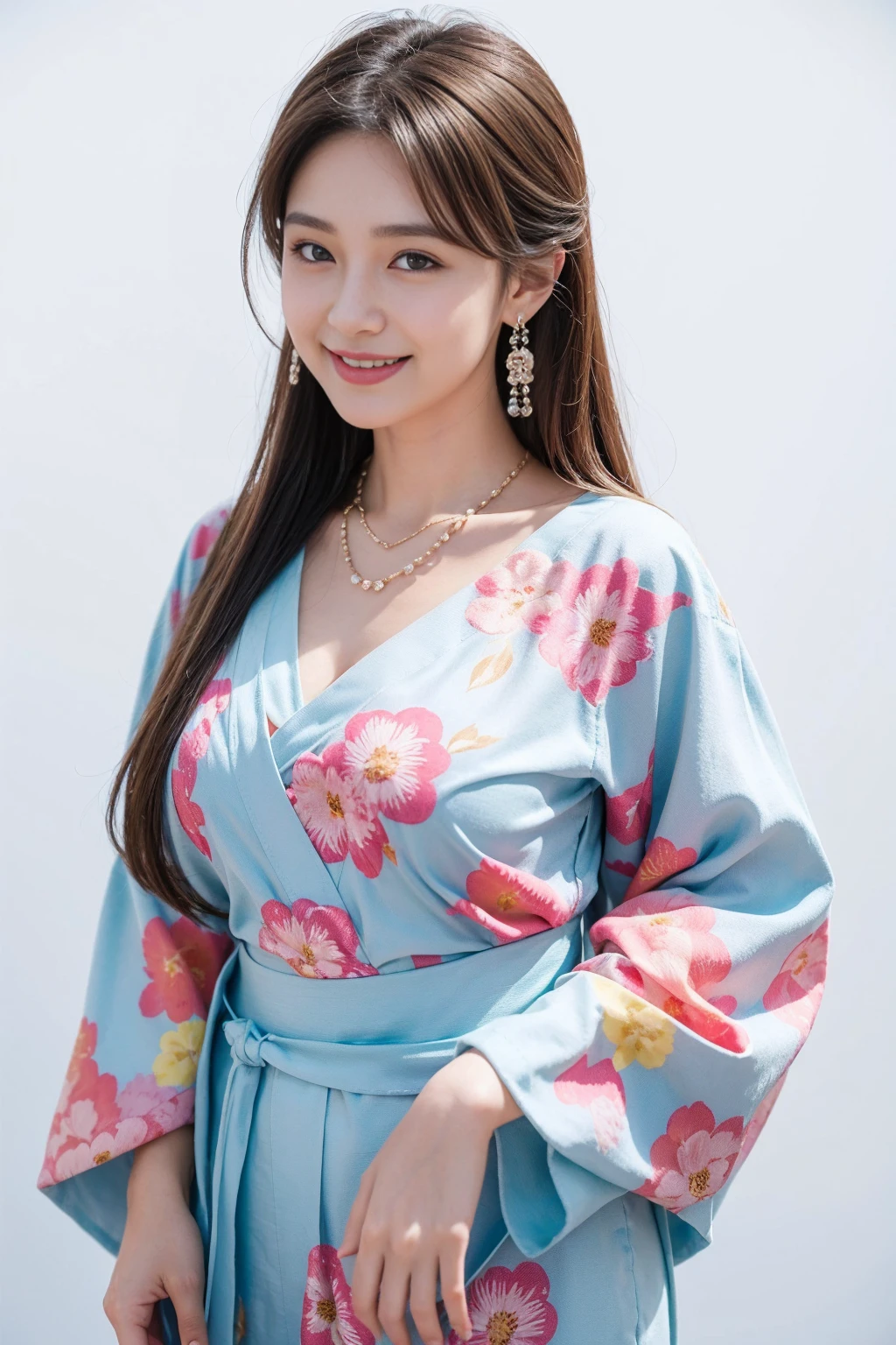 Highest quality,8K, Detailed facial depiction, Detailed description of the eyes,One Woman, Light brown hair(Medium-long hair),Beautiful Japanese Girl,24-years-old,Cute eyes,Cute Smile,Yukata beauty,A yukata with large polka dots on a white background,Slender body, Large, plump breast size, Long and beautiful legs,Smiling, Colorful earrings,necklace,Are standing,Beautiful nape,Summer festival,There are food stalls