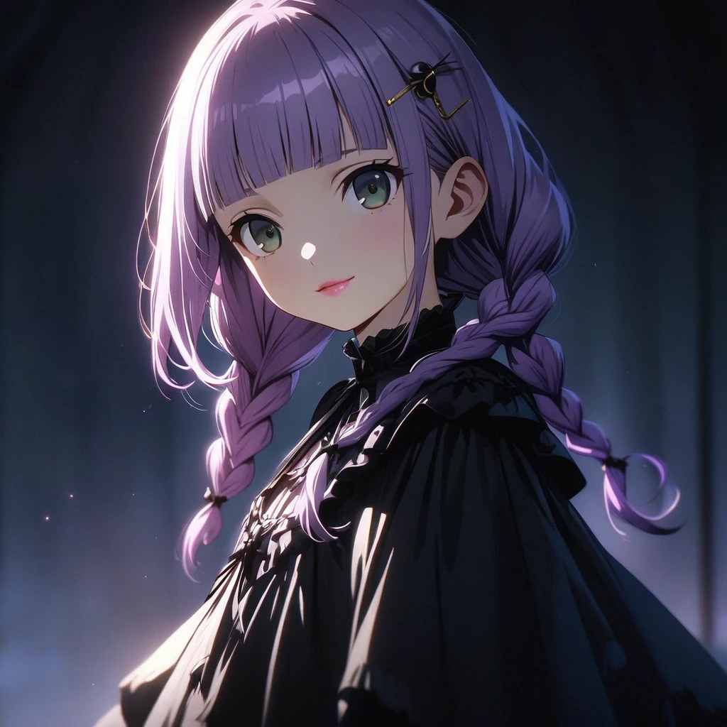 (Cute a girl:1.5), anime visual, (Black gothic lolita outfit, black boots, from side:1.3 ),boots focus, fullbody shot, (Lovey-dovey:1.5), (tilt head:1.3), extremely delicate face, soft clean focus, realistic lighting and shading, (an extremely delicate and beautiful art:1.3), elegant, (worm tone:1.1),(one girl with closs hair pin,pale purple hair,wavy two braids,blunt bangs hair,green and black eyes.pink lips:1.4), small breast,slim,Slender,morning lit, full body shot, a gentle smile, look at viewer, 