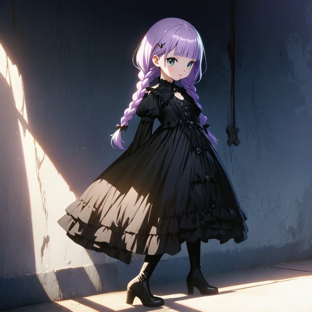 (Cute a girl:1.5), anime visual, (Black gothic lolita outfit, black boots, from side:1.3 ),boots focus, fullbody shot, (Lovey-dovey:1.5), (tilt head:1.3), extremely delicate face, soft clean focus, realistic lighting and shading, (an extremely delicate and beautiful art:1.3), elegant, (worm tone:1.1),(one girl with closs hair pin,pale purple hair,wavy two braids,blunt bangs hair,green and black eyes.pink lips:1.4), small breast,slim,Slender,morning lit, full body shot, a gentle smile, look at viewer,