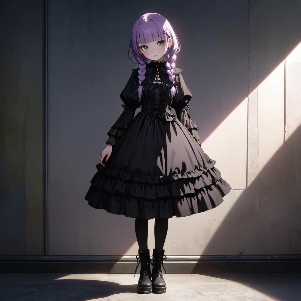 (Cute a girl:1.5), anime visual, (Black gothic ta outfit, black boots, from side:1.3 ),boots focus, fullbody shot, (Lovey-dovey:1.5), (tilt head:1.3), extremely delicate face, soft clean focus, realistic lighting and shading, (an extremely delicate and beautiful art:1.3), elegant, (worm tone:1.1),(one girl with closs hair pin,pale purple hair,wavy two braids,blunt bangs hair,green and black eyes.pink lips:1.4), small breast,slim,Slender,morning lit, full body shot, a gentle smile, look at viewer,