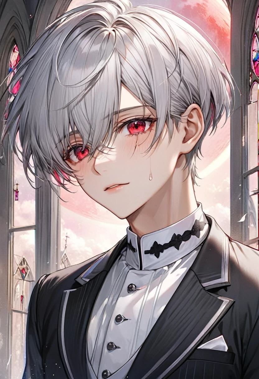 (close-up face), (( yo)), (solo:2 crew cut silver hair very short hair divine cool boy, detailed red eyes with tears, tear:1.2 face, flat chest), break, (in a butler suit), break, (in the Chapel Terrace), (background detailed biggest pink moon), BREAK, perfect anatomy, masterpiece, best quality, 16k, beautiful detailed night, daydreaming expression.