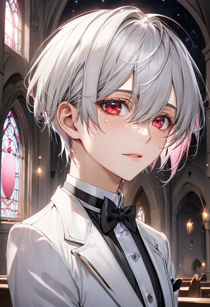 (close-up face), ((16 yo)), (solo:2 crew cut silver hair very short hair divine cool boy, detailed red eyes with tears, tear:1.2 face, flat chest), break, (in a butler suit), break, (in the Chapel Terrace), (background detailed biggest pink moon), BREAK, perfect anatomy, masterpiece, best quality, 16k, beautiful detailed night, daydreaming expression.
