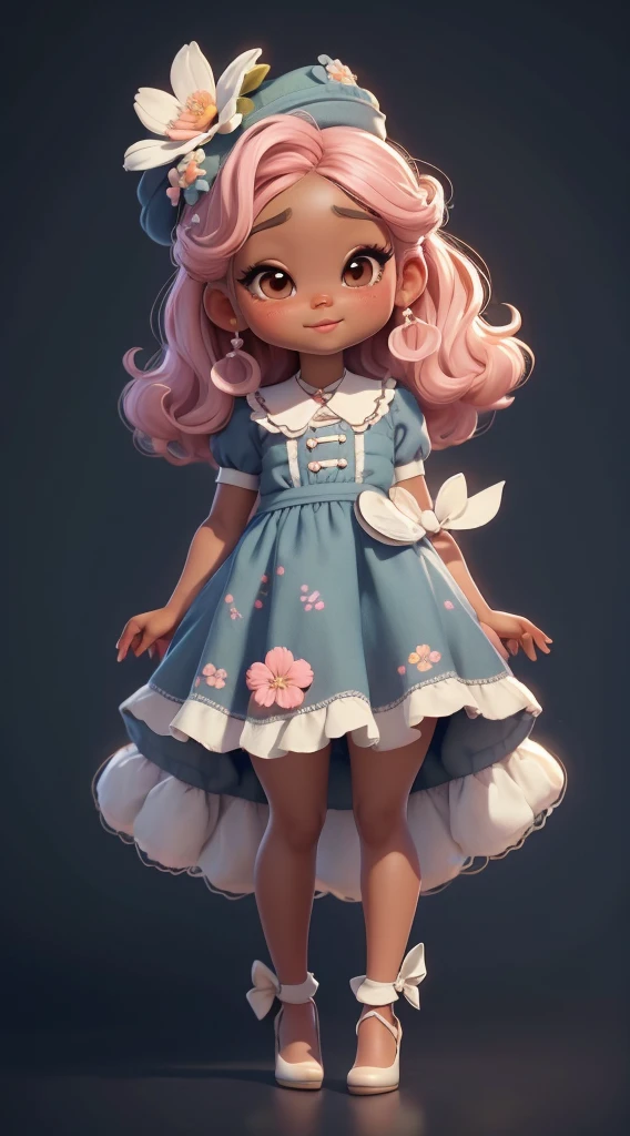 Create a series of cute black afro dolls chibi style afro skin baby style with a cute floral theme, each with lots of detail and in an 8K resolution. All dolls should follow the same solid background pattern and be complete in the image, mostrando o (corpo inteiro, incluindo as pernas: 1.5)
Boneca florista: Chame-a de Mia. Ela deve ter cabelos ondulados e lisos. Seus olhos devem ser grandes e curiosos, with long eyelashes and slightly pinkish cheeks. Mia should be dressed in a long and delicate outfit and a beautiful female hat. Ela deve segurar flores. Add details like pockets and ruffles to the outfit to make it even more charming, sapato bonito e delicado.
Certifique-se de adicionar sombras, texturas e detalhes nos cabelos, roupas, Beautiful and flowery accessories, to make them even more adorable and charming.
