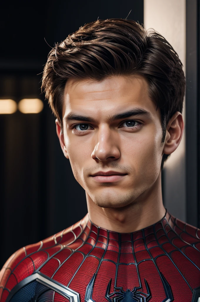 A photograph of spider man, no mask, 20 yo, handsome, detailed face, looking at camera, portrait, 8k uhd, high quality