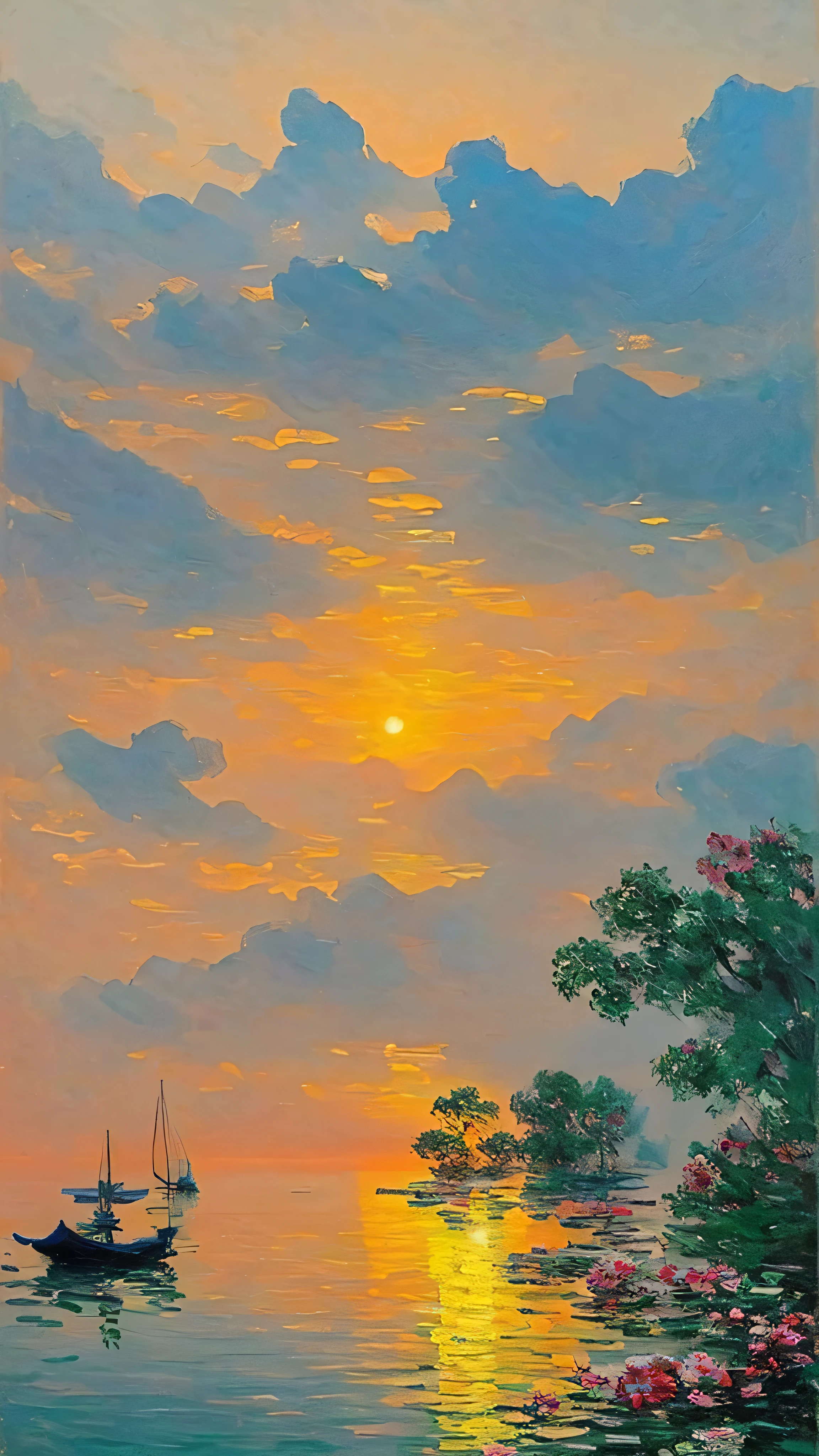 Cozy rooms, Big oil on the wall, Painter of Light, Monet's paintings, Impressionist painting, Oil, Harbour sunrise scenery, The sea is depicted boldly, Improvised brush strokes、Distant view of the harbor, Completely shrouded in fog, Accented with the rising red sun, The soft colors and gentle brushstrokes create a calming atmosphere..。The focus of the image is on the impression、The painting itself is a masterpiece、Perfect Sentence、Bold brushstrokes、Impressionist feeling, The mysterious beauty of that moment, The wall on which the painting hangs is decorated with elegant frames..、Enhances overall aesthetic appeal。Warm lighting、The elegant combination of rooms creates an enchanting atmosphere.、The viewer is able to immerse themselves in the serenity and beauty of the depicted moment.。.。The image is、Truly capture the essence of the painting and its surroundings、Highest quality with high resolution and ultra-detailed rendering。The art style is、Emphasis on realistic and photorealistic expression、Reflecting traditional oil techniques。The color is warm and attractive、Highlight the rich colors of a sunset、Brings warm light to the room。Lighting、Make your drawings stand out、Add depth and dimension to the entire scene。