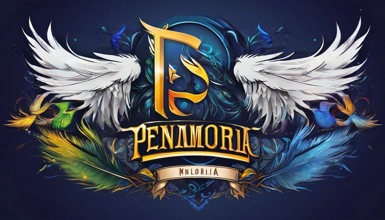 Create a minimalistic, simple, fantastic, easy to understand, logo design in a Youtube Banner for an upcoming Role Playing Game called " Penamemoria". The game is about a world of bird and feathers. A boy enters that world and discovers his true artistic identity. Create a logo design that transmits the essence of this videogame. It´s a fantasy game, with fantasy elements. Create the logo in the center and a fantasy theme as background. Use the colours blue, white, yellow in the logo.