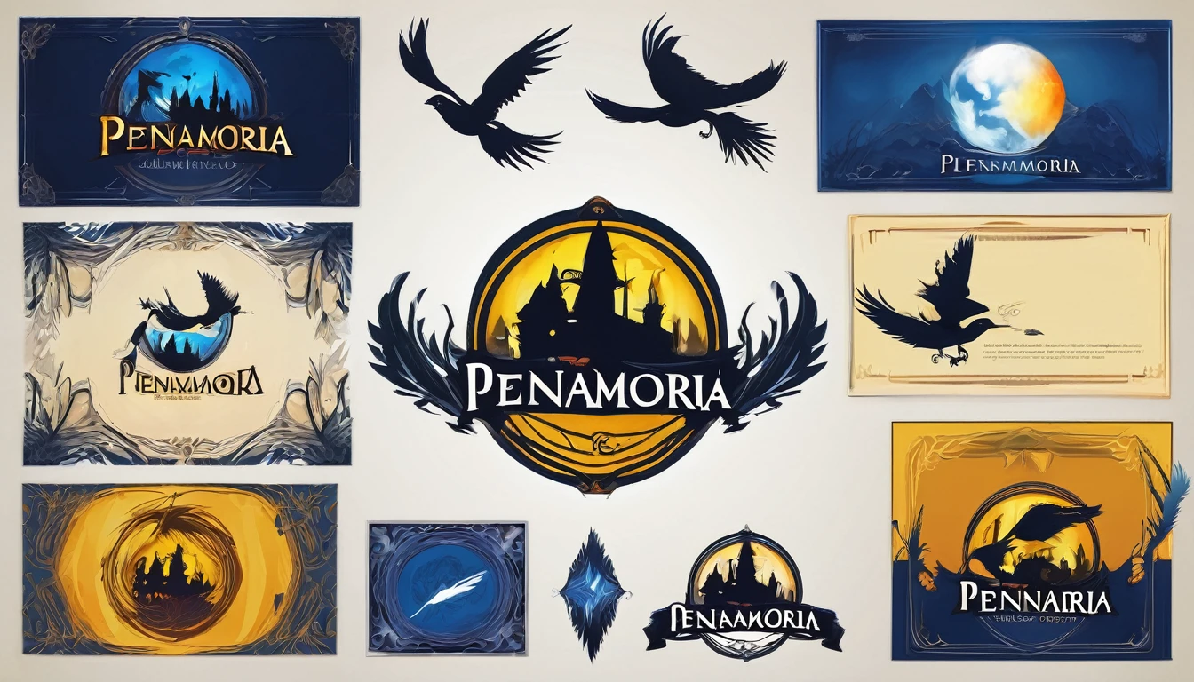 Create a minimalistic, simple, fantastic, easy to understand, logo design in a Youtube Banner for an upcoming Role Playing Game called " Penamemoria". The game is about a world of bird and feathers. A boy enters that world and discovers his true artistic identity. Create a logo design that transmits the essence of this videogame. It´s a fantasy game, with fantasy elements. Create the logo in the center and a fantasy theme as background. Use the colours blue, white, yellow in the logo.