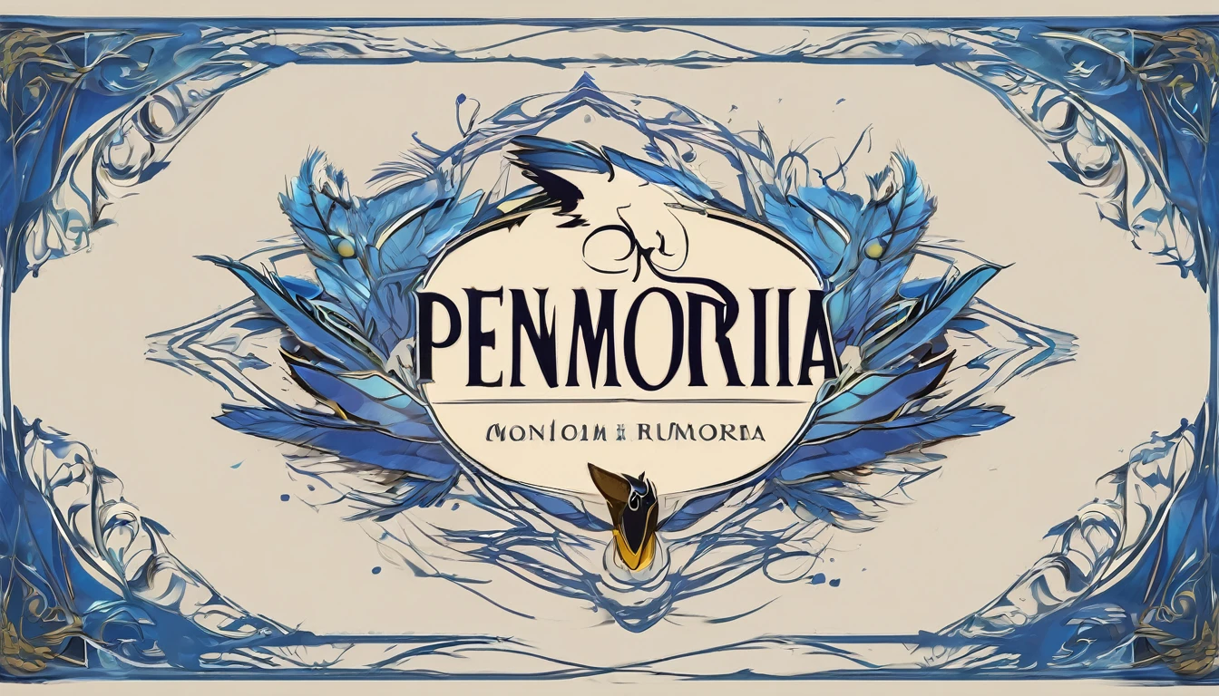 Create a minimalistic, simple, fantastic, easy to understand, logo design in a Youtube Banner for an upcoming Role Playing Game called " Penamemoria". The game is about a world of bird and feathers. A boy enters that world and discovers his true artistic identity. Create a logo design that transmits the essence of this videogame. It´s a fantasy game, with fantasy elements. Create the logo in the center and a fantasy theme as background. Use the colours blue, white, yellow in the logo.