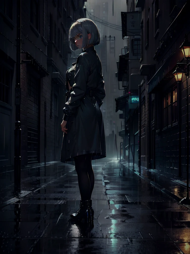 ((masterpiece)), ((best quality)), (ultra-detailed), ((extremely detailed)), 4K, (8K), best quality, a beautiful woman, ((beautiful light gray hair)), shiny hair, ((bob cut)), light blue eyes, freckled skin, 20 years old, 

Back view, full body, ((night, warm street, dark)), deserted city, standing in middle of street, ((black rencoat, rain, heavy rain, raindrops visible)), wet ground,